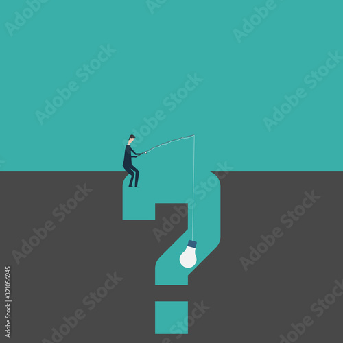 business finance concept. businessman fishing. using problem to hook idea  and question mark. Problem, confusion and challenge . Flat design