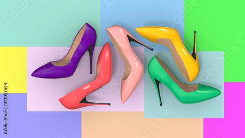 High heel stilettos . High heel shoes for women in various colors. This is a graphics layout of a 3D render