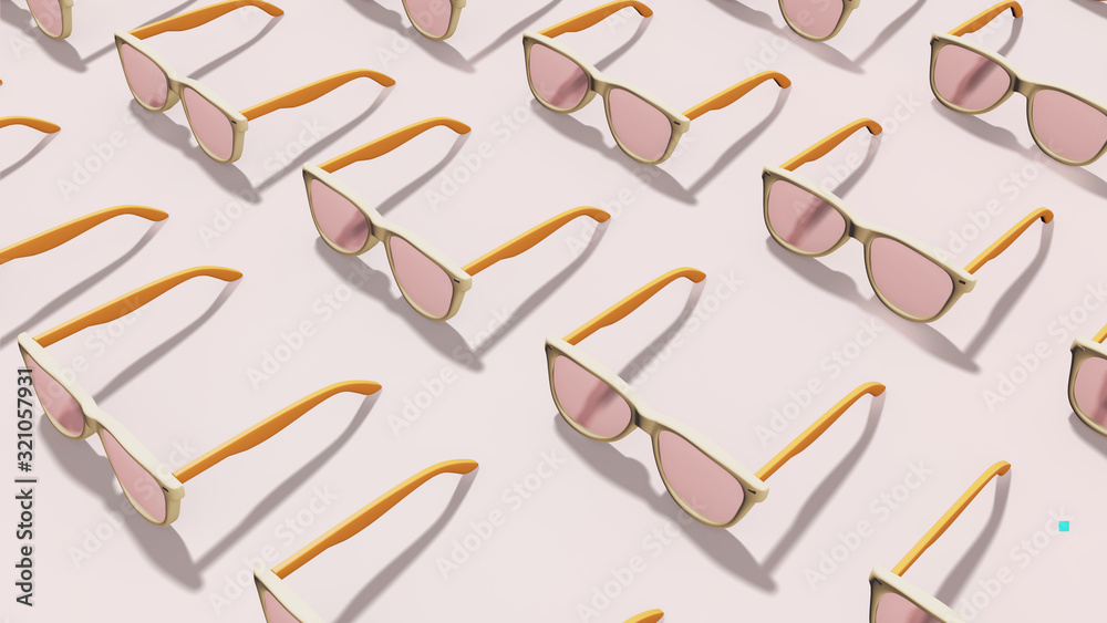 Fototapeta premium Orange and beige coloured eyewear (sunglasses) in a pattern formation against light pink background