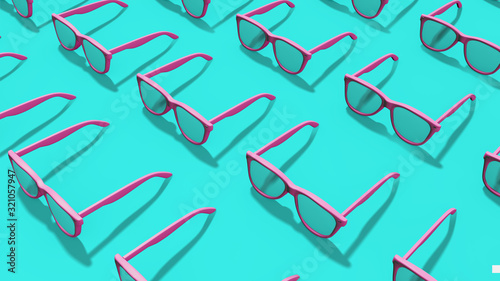 Array of Sunglasses in pink color against blue background. This is a 3D render