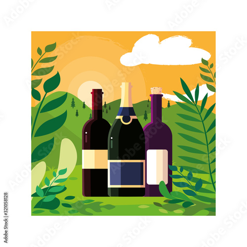 wine bottles with background landscape