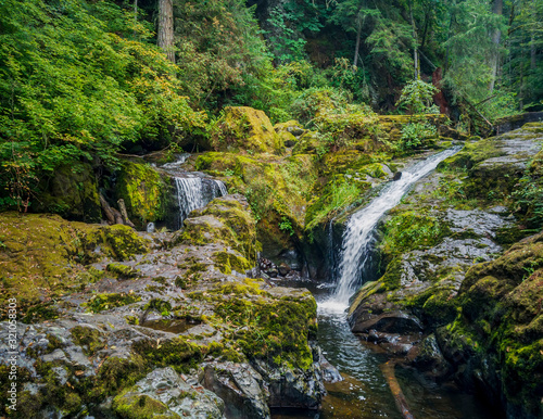 Remarkable Lower Little Mashel Falls cascading into a moss covered rocky surface leading to a small pool of water in the creek at the Charles Pack Forest during the summer in Pierce County Washington 