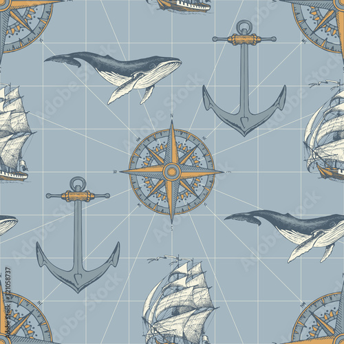 Vector seamless pattern on the travel theme in vintage style. Old caravels, sailing yachts, wind roses, anchors and big whales on the grey background. Suitable for wallpaper, wrapping paper, fabric