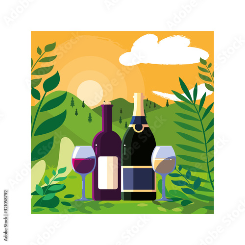 bottle and glass of wine with landscape background and nature