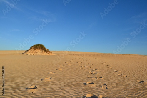 Sand dunes landscape. Parque Natural de Corralejo at Fuerteventura, Canary Islands, Spain. Late afternoon. Before the sunset. 