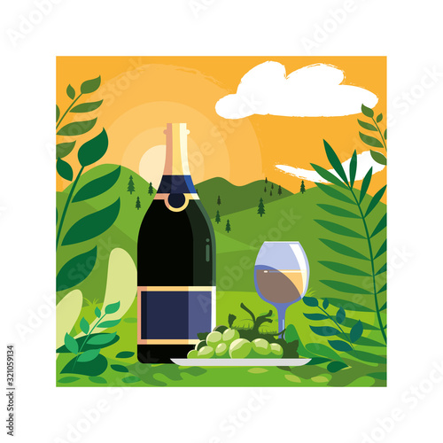 bottle and glass of wine with grapes