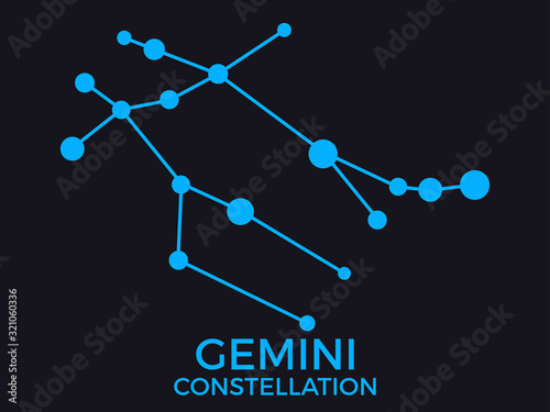 Gemini constellation. Stars in the night sky. Cluster of stars and galaxies. Constellation of blue on a black background. Vector illustration