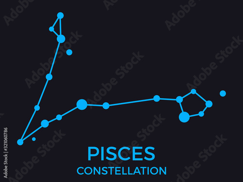 Pisces constellation. Stars in the night sky. Cluster of stars and galaxies. Constellation of blue on a black background. Vector illustration