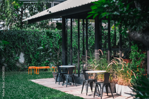 table and chairs in the garden