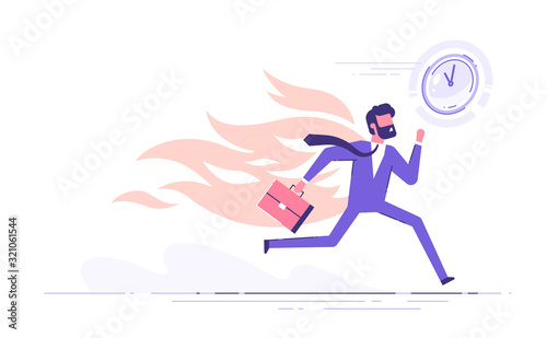 Office worker character running with back on fire. Deadline and rush hour. Vector illustration.