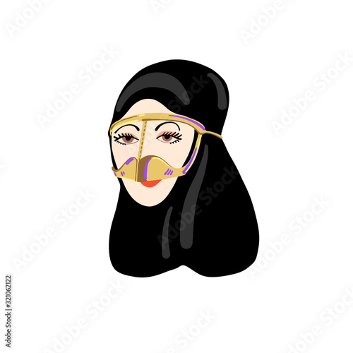hand drawing icon of muslim beautiful women portrait in traditional burga mask and abaya