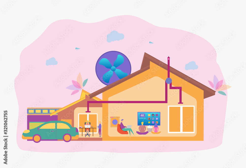 People in the house with an air ventilation system. Ventilation system, ventilation with energy recovery, the concept of cleaning the ventilation system. Colorful vector illustration