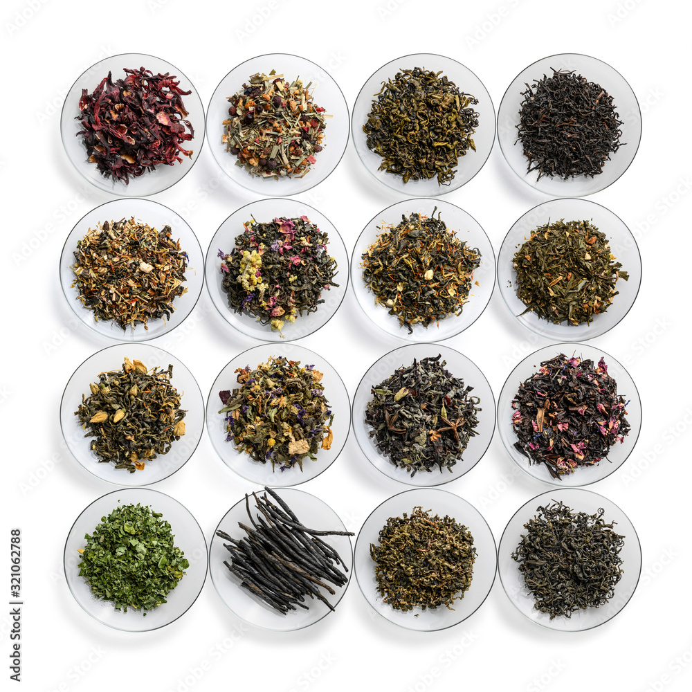 Large assortment of tea on a white background. The view from the top Large assortment of tea on a white background. The view from the top