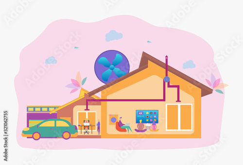 People in the house with an air ventilation system. Ventilation system, ventilation with energy recovery, the concept of cleaning the ventilation system. Colorful vector illustration