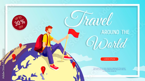 Banner design template for discovery, World Tourism Day, travel agency. Young man sitting on the globe with red flag. Vector illustration for banner, poster, flyer, commercial, advertisement.