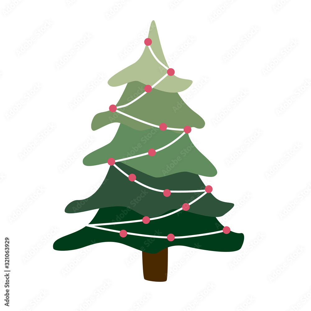 Cartoon christmas tree in doodle style isolated on white background. Hand drawn holiday fir symbol.