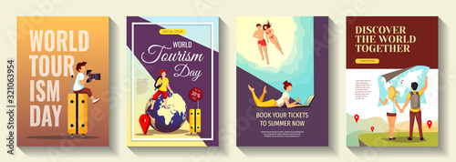 Set of cards for discovery, World Tourism Day, travel agency, vacation. A4 Vector illustration for poster, banner, flyer, commercial, advertisement.