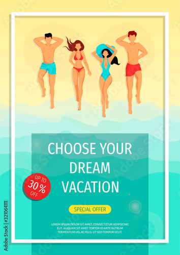 Banner design for vacation, Tourism or travel agency. Young people sunbathing on the beach. A4 Vector illustration for poster, banner, card, commercial, advertisement, flyer.