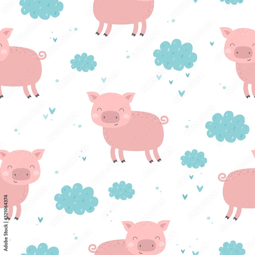 Vector seamless pattern with cute animals and clouds Baby pig Digital paper Children background Vector seamless pattern with cute animals and clouds Baby pig Digital paper Children background