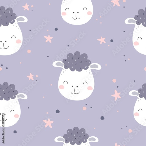 Vector seamless pattern with cute animals and stars Baby Sheep Digital paper Children background