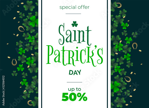 St. Patrick day vector background with clover. Irish holiday Saint Patrick Day.