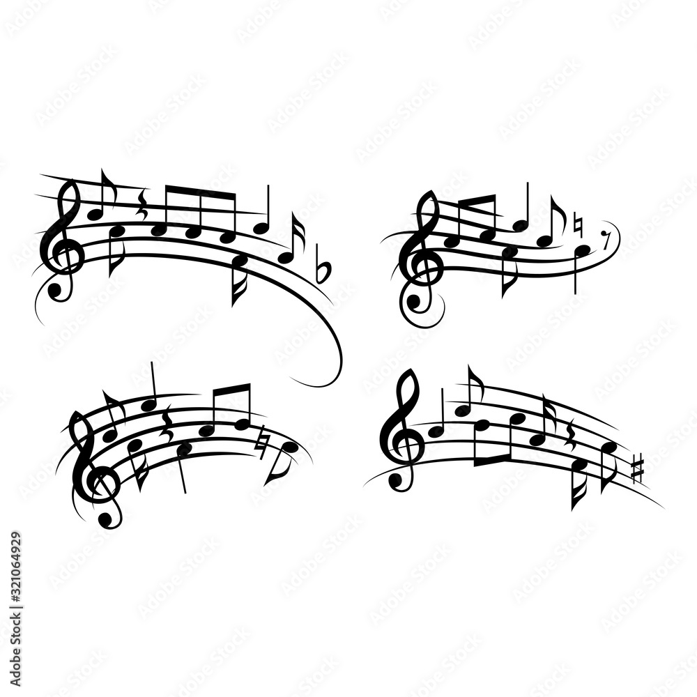 Music notes with curved or swirled staff. Musical melody with clef, key, notes black isolated vector. Music notes with curved or swirled staff. Musical melody with clef, key, notes black isolated vector.