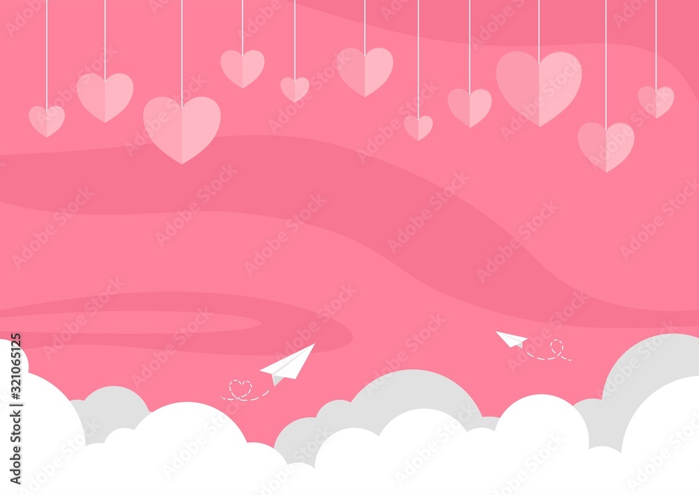 Sweet valentine’s heart and cloud with paper air plane on pink background