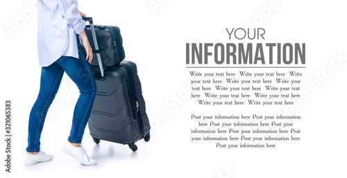 Woman with travel suitcase, sunglasses standing on white background isolation, space for text