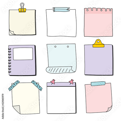 Hand drawn notepaper, doodle message sticky notes, vector/illustration
