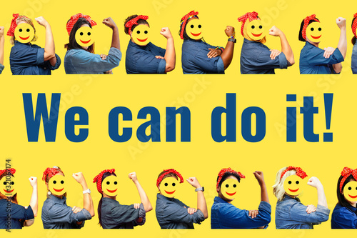 Women with faces covered by smile emojis with a clenched fist rolling up their sleeves on yellow background. We can do it.