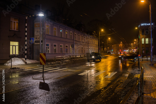 RIGA, LATVIA - APRIL 25, 2019: View to Nometnu street (Nometnu iela) in Agenskalns district at night