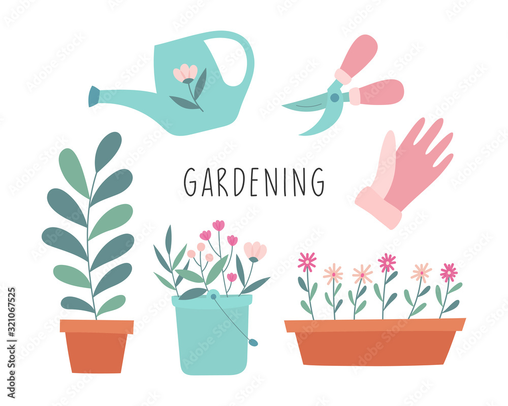 Cute set of gardening items. Plants, flowers, watering can, scissors, gloves. Cartoon vector illustration isolated on white background. Cute set of gardening items. Plants, flowers, watering can, scissors, gloves. Cartoon vector illustration isolated on white background.