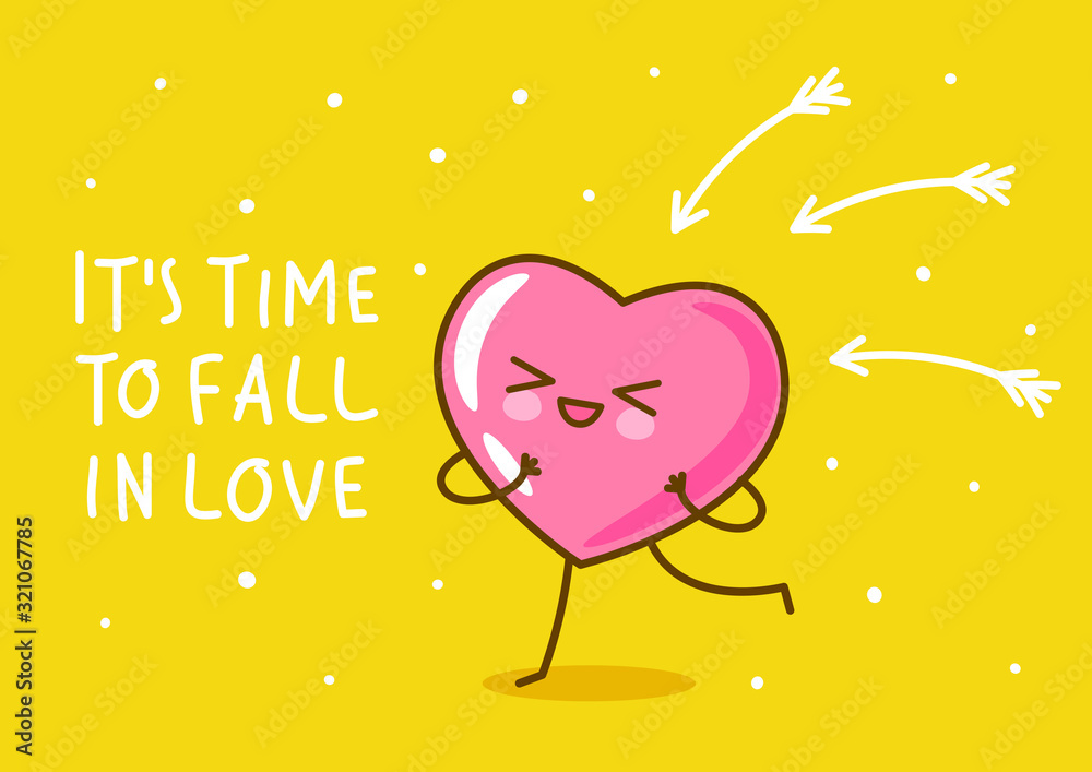 Kawaii pink heart emoji running away from arrows on yellow background Vector character for Valentines day cute design