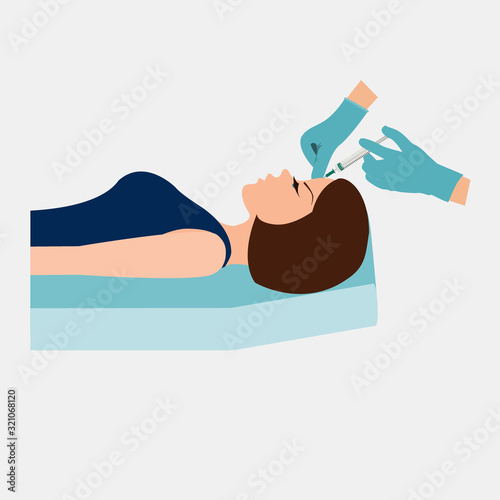 Beautician makes an injection into woman face. Cosmetic injection with hyaluronic acid, filler, or botox to regenerate skin youthfulness. Mesotherapy or PRP vector illustration