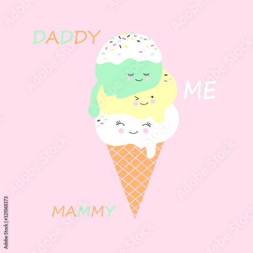 Funny smiling ice cream. Ice cream family. Mom, dad and baby. Vector illustration.