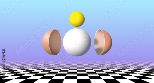 Abstract surreal poster with egg disassembled and sorted by components over chechered landscape in vaporwave style