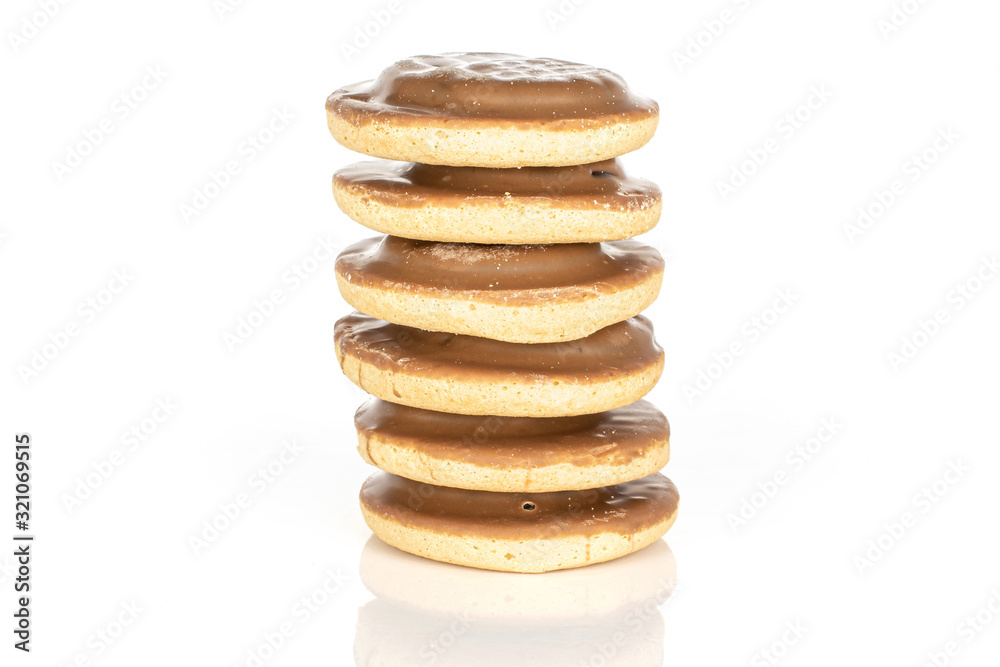 Group of six whole chocolate biscuit tower isolated on white background