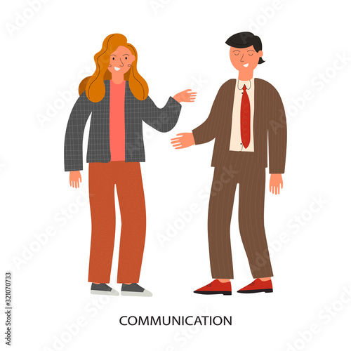 Soft skills concept with business man and women who talking and text Communication. Colored flat vector illustration. Isolated on white background.