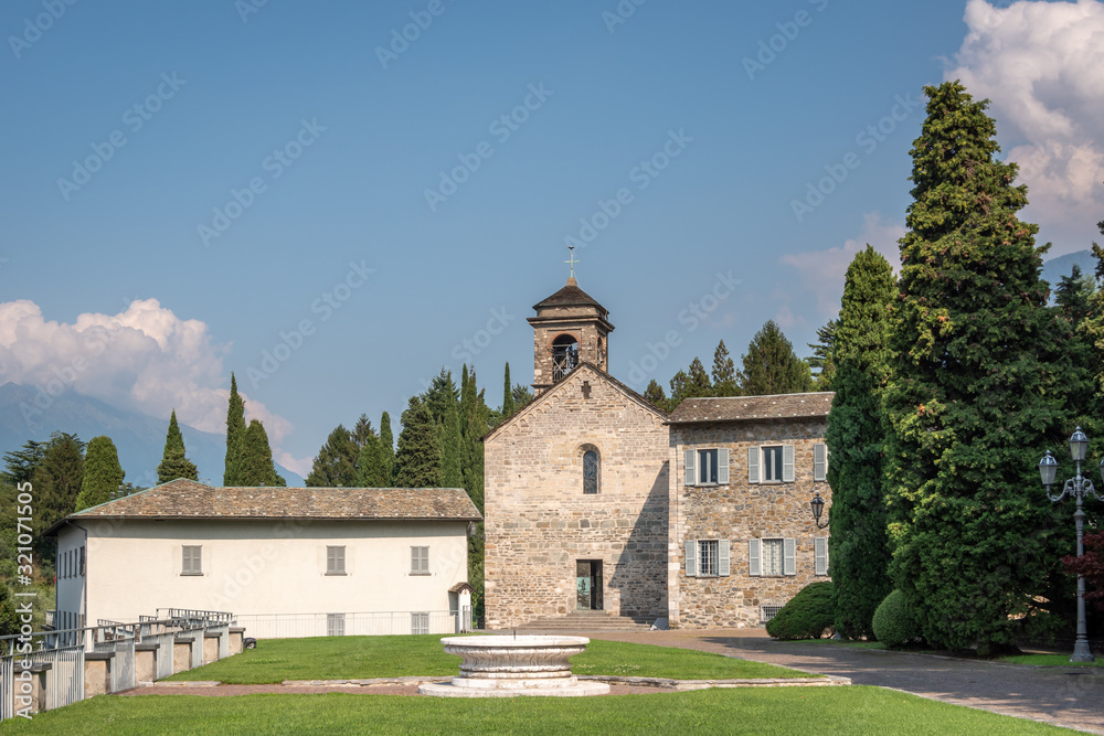 View of Piona Abbey. Abbey of Holy Mary of Piona, (Abbazia di Piona), Lake Como, Italy.