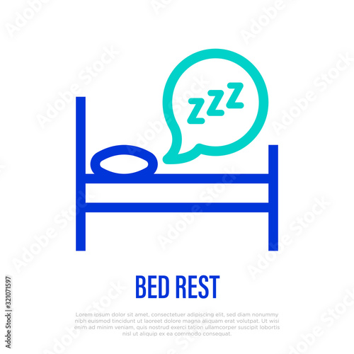 Bed rest thin line icon. Symbol of hostel, motel. Sleep sign. Vector illustration.