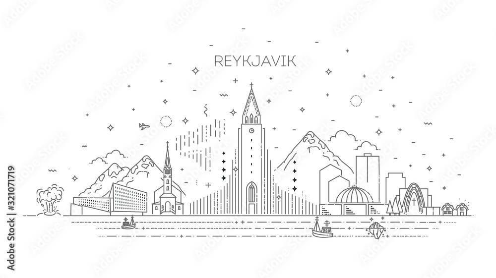 Reykjavik Iceland line skyline with panorama in white
