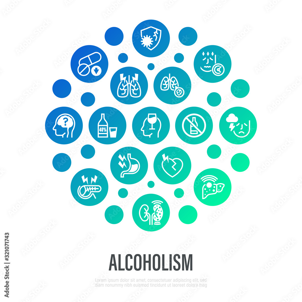 Alcoholism thin line icons in circle shape. Strong drink, withdrawal