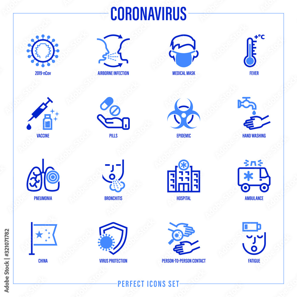 Coronavirus thin line icons set. Virus, airborne infection, medical mask, fever, vaccine, hand washing, bacteria under magnifier, pneumonia, inflammation in lungs, person to person Vector illustration