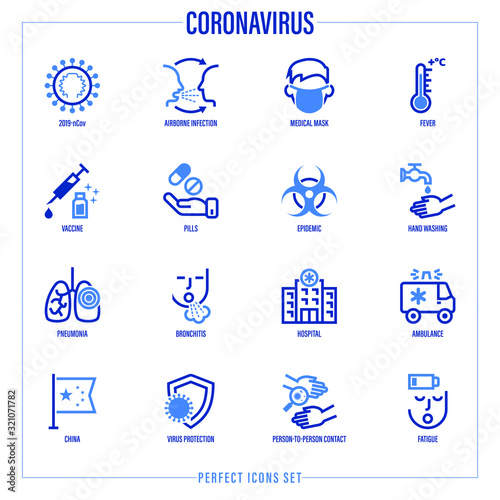 Coronavirus thin line icons set. Virus, airborne infection, medical mask, fever, vaccine, hand washing, bacteria under magnifier, pneumonia, inflammation in lungs, person to person Vector illustration