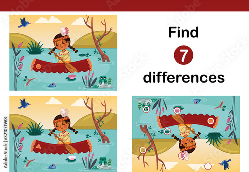 Vector Illustration of an Indian Girl with Canoe. Find 7 differences education game for kids. 