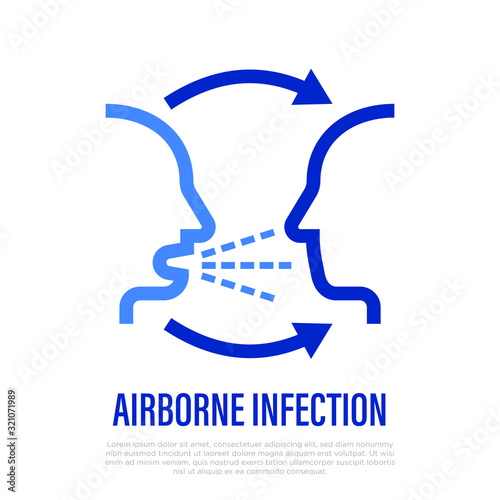 Airborne infection thin line icon. Person to person. Cough, symptom of adenovirus, flu, influenza, coronavirus. Vector illustration.