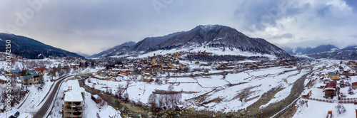 Aerial panorama of Mestia georgian village in winter