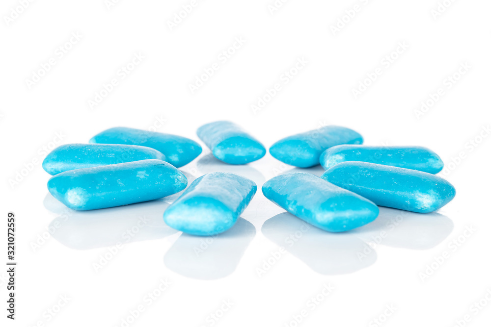Group of nine whole blue chewing gum isolated on white background Group of nine whole blue chewing gum isolated on white background