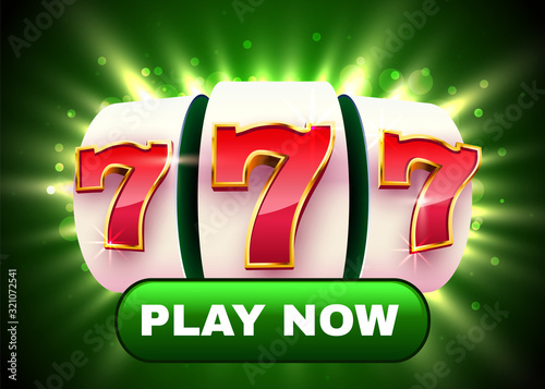 Golden slot machine wins the jackpot. Button play now. Big win concept.
