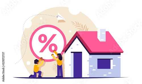 Mortgage problem concept. Large percentage creates difficulties. Recovery of banking for posts. Risk of being left without a house or apartment. Vector isolated illustration